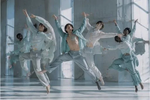 Dancers leaping together in a bright studio